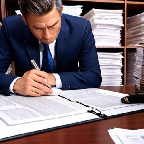 Home 11 **Image Prompt:** A businessman meticulously reviewing a trade contract under a magnifying glass, surrounded by stacks of documents, emphasizing due diligence and legal expertise.