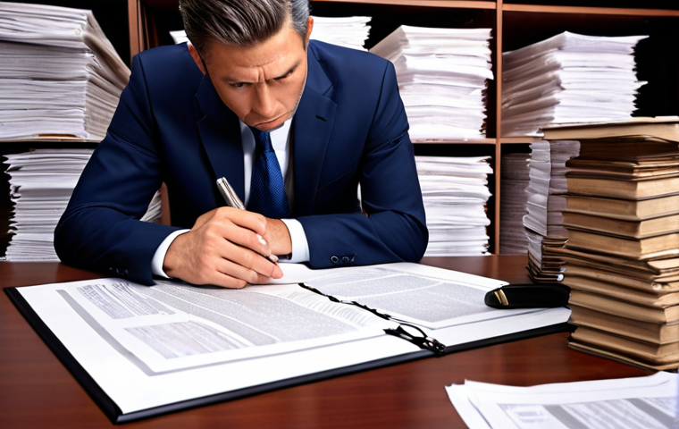 **Image Prompt:** A businessman meticulously reviewing a trade contract under a magnifying glass, surrounded by stacks of documents, emphasizing due diligence and legal expertise.