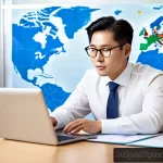 무역 전문가 연봉 협상 팁 - A professional business setting showing a confident trade expert in formal attire sitting at a sleek...