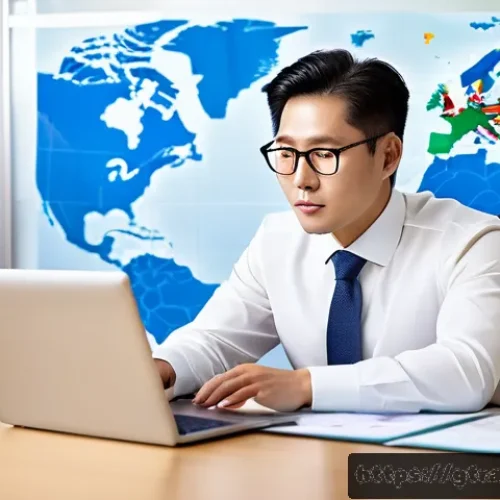 무역 전문가 연봉 협상 팁 - A professional business setting showing a confident trade expert in formal attire sitting at a sleek...