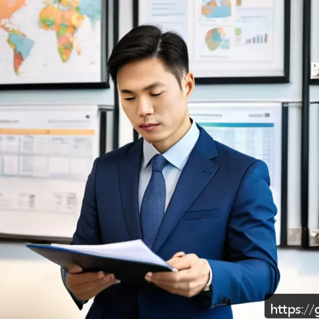 무역업계 이직 준비 체크리스트 - A professional office scene showing a confident Asian man in his 40s thoughtfully reviewing a detail...