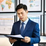 무역업계 이직 준비 체크리스트 - A professional office scene showing a confident Asian man in his 40s thoughtfully reviewing a detail...