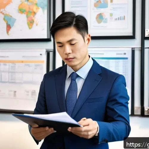 무역업계 이직 준비 체크리스트 - A professional office scene showing a confident Asian man in his 40s thoughtfully reviewing a detail...