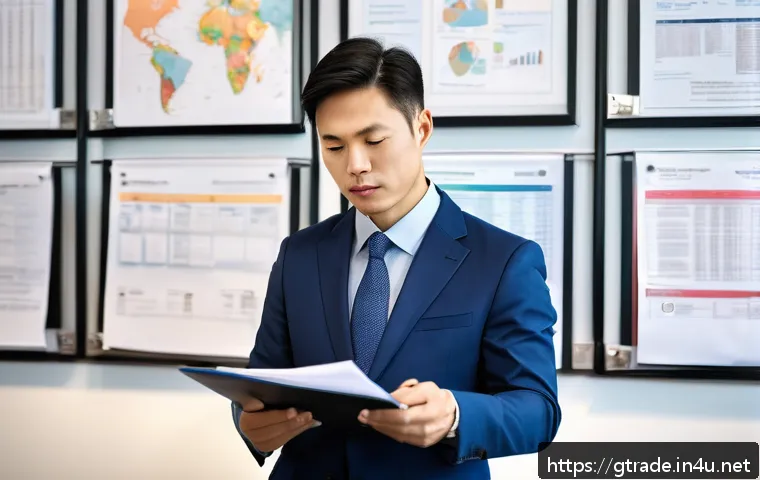 무역업계 이직 준비 체크리스트 - A professional office scene showing a confident Asian man in his 40s thoughtfully reviewing a detail...