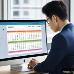 무역 전문가의 워라밸 관리 비법 - A professional office scene showing a focused businessperson managing time blocks on a digital calen...