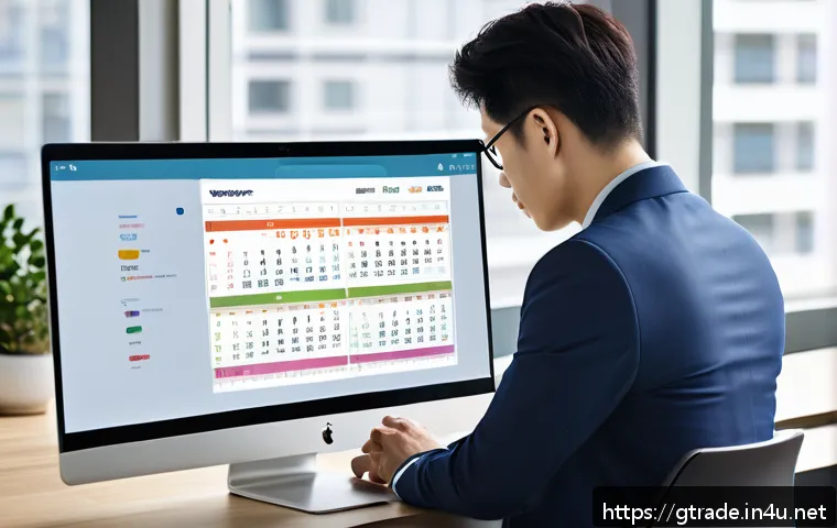 무역 전문가의 워라밸 관리 비법 - A professional office scene showing a focused businessperson managing time blocks on a digital calen...