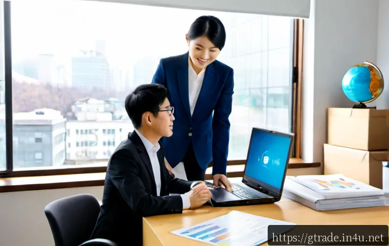 무역 전문가가 알려주는 창업 노하우 - Photorealistic international trade consultant in a bright modern office, confidently advising a smal...